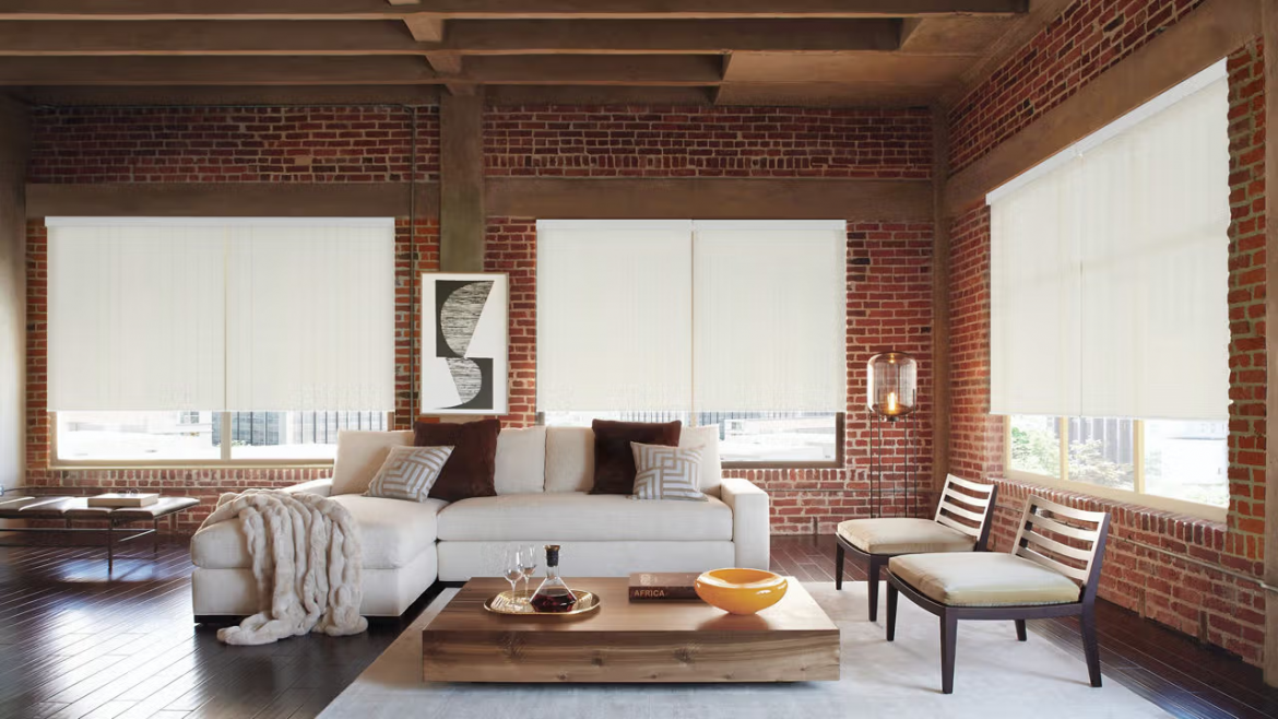 brick living room with cream shades